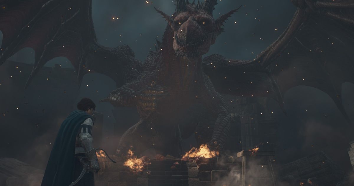 Main Arisen character looking at the Dragon in Dragon's Dogma 2