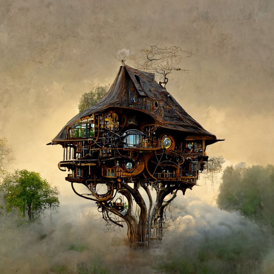 Midjourney AI Treehouse mist  architecture 3D 8k resolution detailed painting digital illustration Steampunk - how to use Midjourney AI