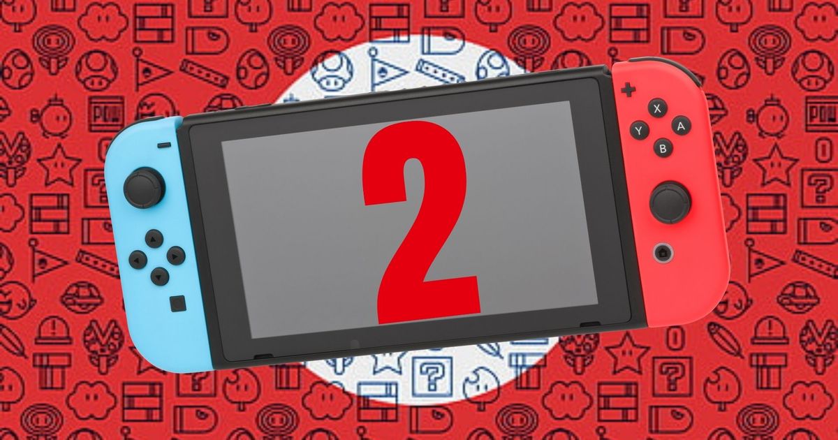 A Nintendo Switch on a red and white patterned background 