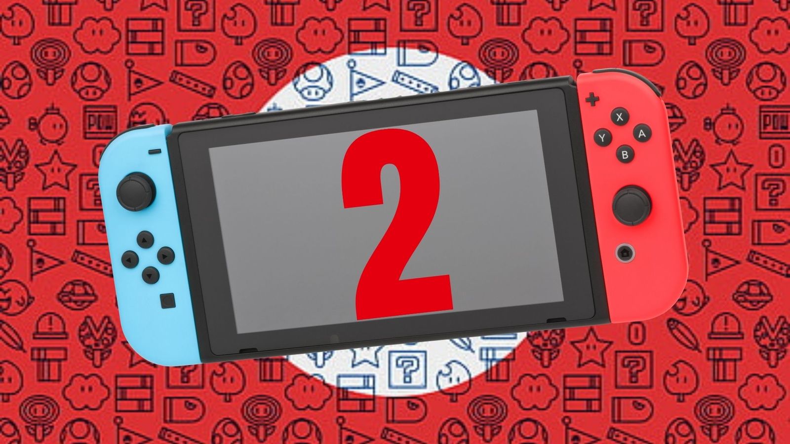 A Nintendo Switch on a red and white patterned background 