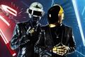 The Daft Punk duo in their iconic outfits in front of a Beat Saber image