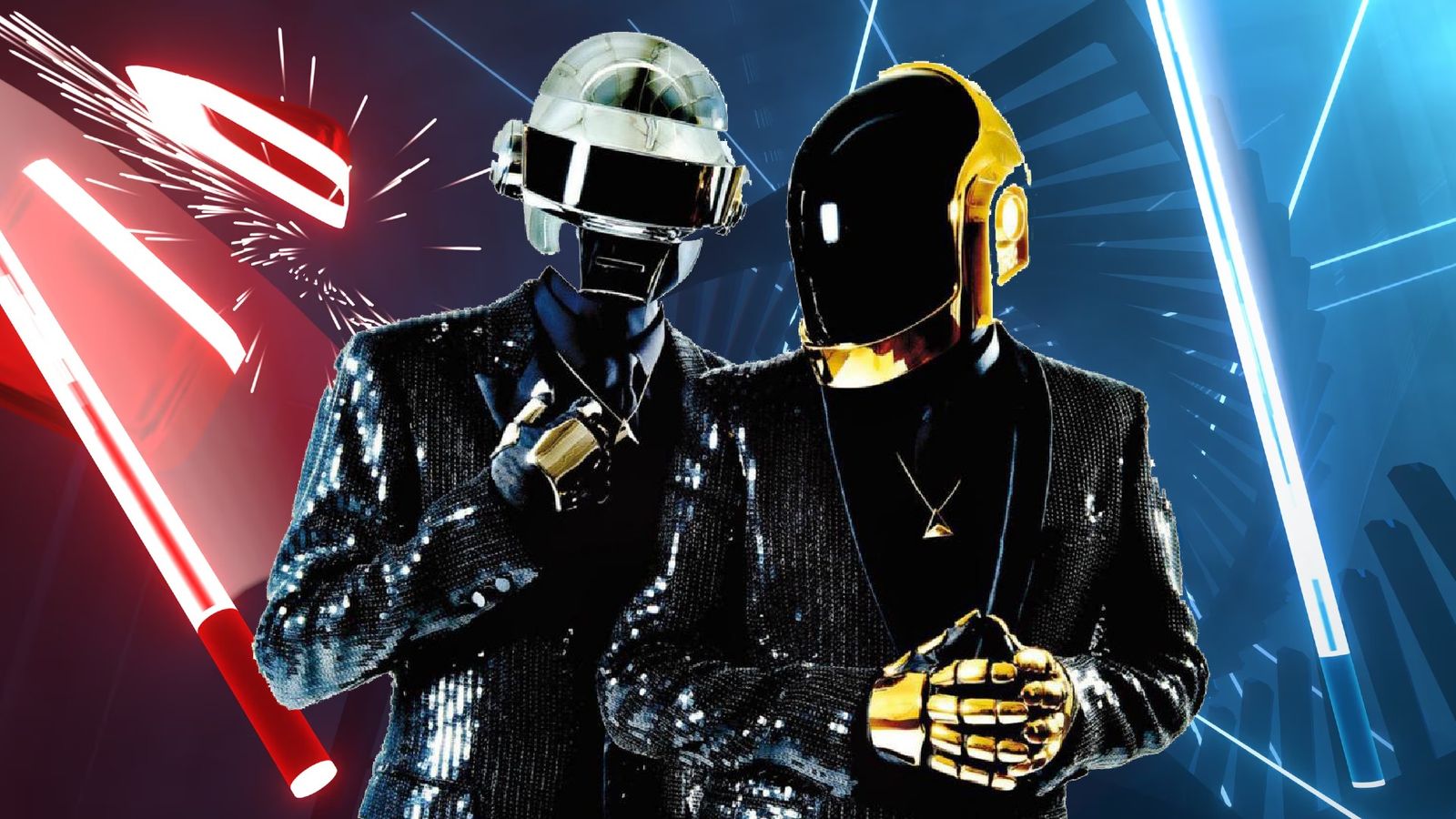 The Daft Punk duo in their iconic outfits in front of a Beat Saber image