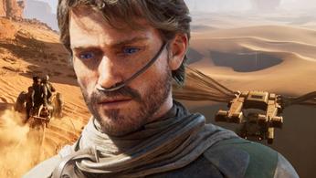 Character from Dune Awakening first trailer in front of two gameplay screenshots