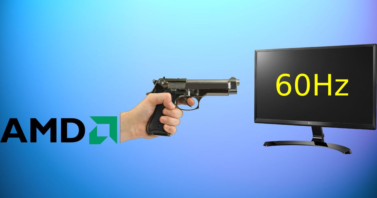 amd logo pointing gun at 60Hz monitor on blue background