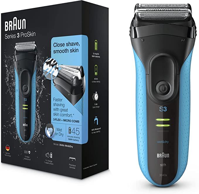 Braun Series 3 3040s product image of a black and blue foil razor next to its box.