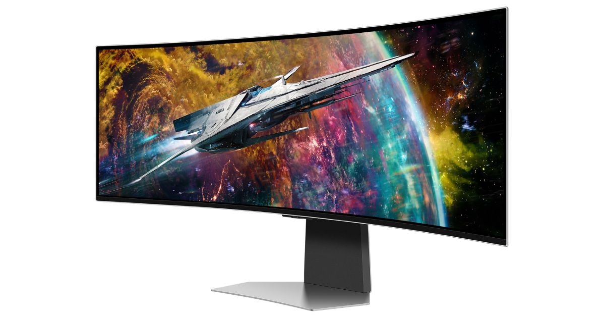 Samsung Odyssey G95SC product image of a dark grey and black near-frameless ultrawide monitor with an image of a spaceship on the display.