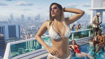 GTA 6 screengrab, woman in bikini stands near rooftop pool