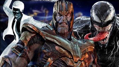 Thanos, Venom, and Mr Negative in front of a Marvel Rivals wallpaper