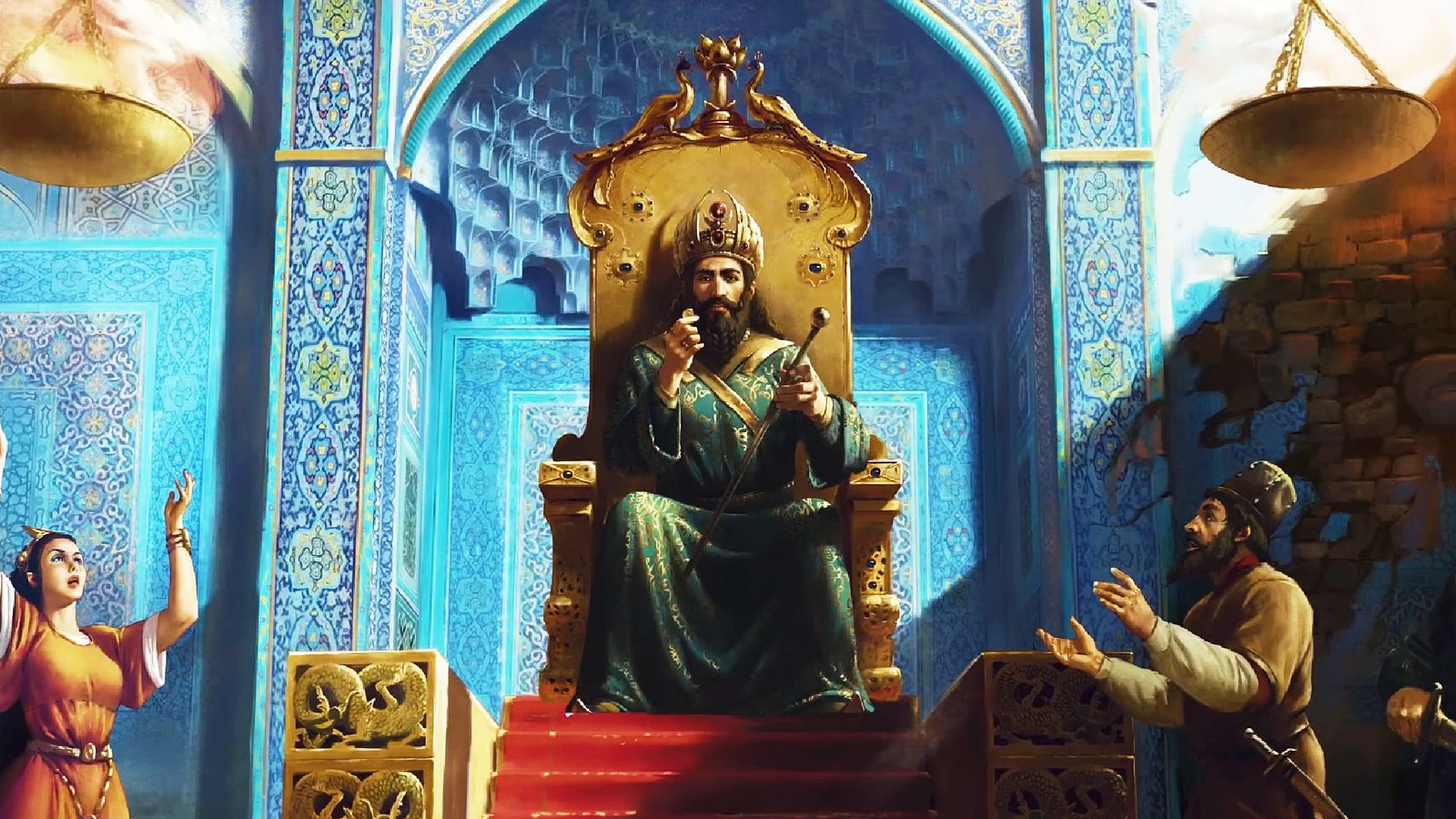 Crusader Kings 3 Persian King sits on raised golden throne, surrounded by subjects, in front of a bright blue wall with archway.