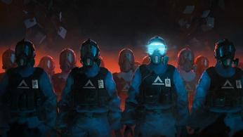 Agents standing in lines, with one having a glitchy visor, in Mannequin key art