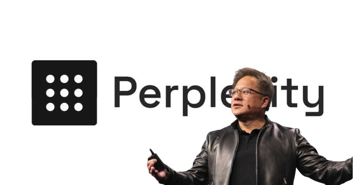 Nvidia CEO Jensen Huang with black jacket in front of perplexity AI logo
