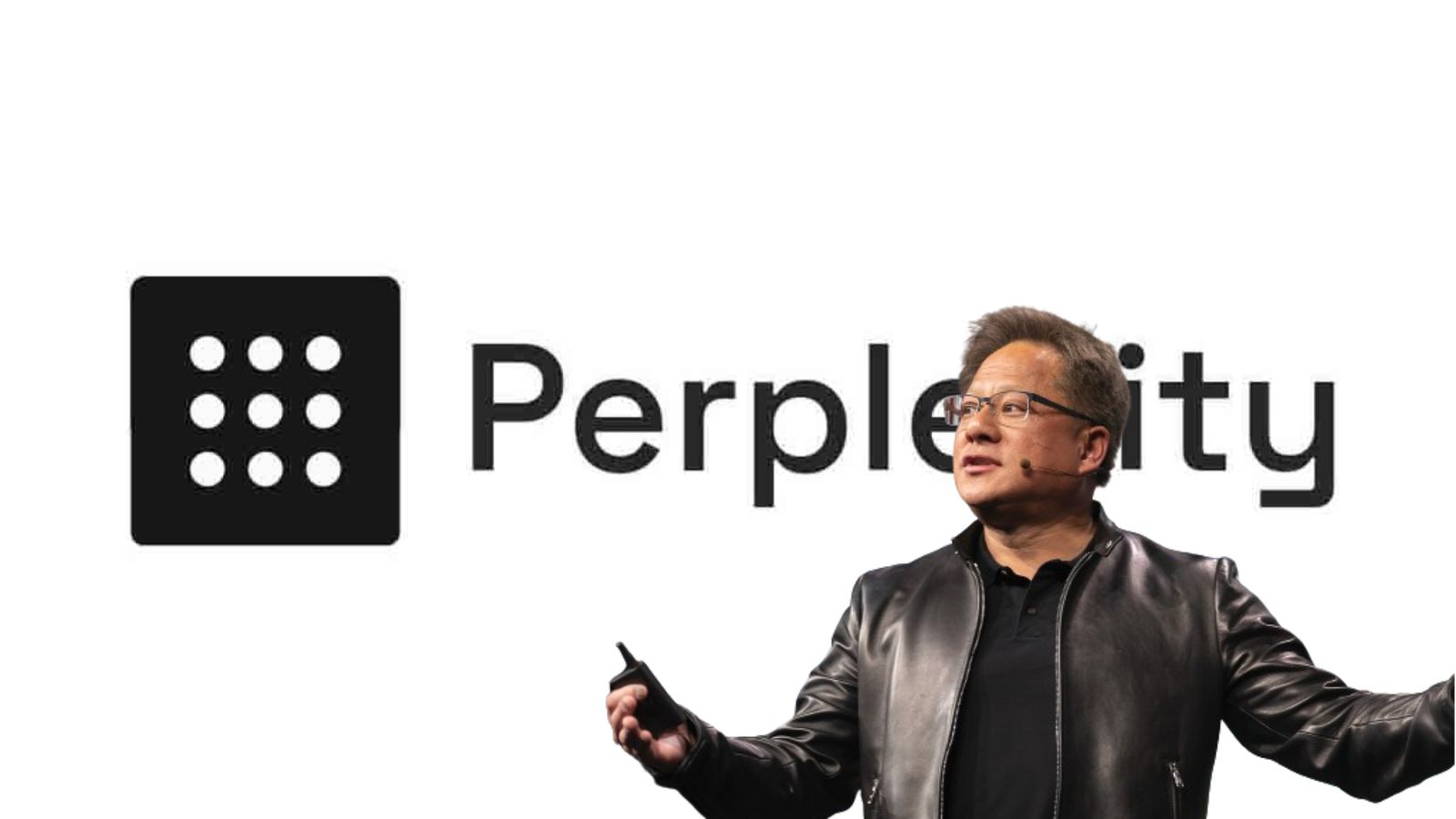 Nvidia CEO Jensen Huang with black jacket in front of perplexity AI logo