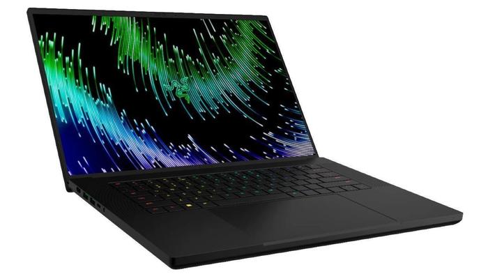 The Razer Blade 16 (2023) gaming laptop is open at an angle to show off its screen and keyboard.