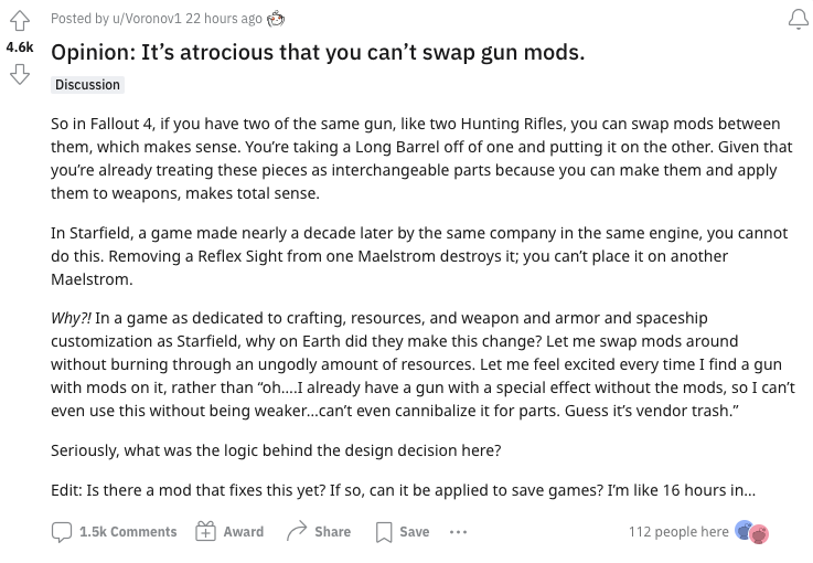 A fan complains about Starfield's gun mods.