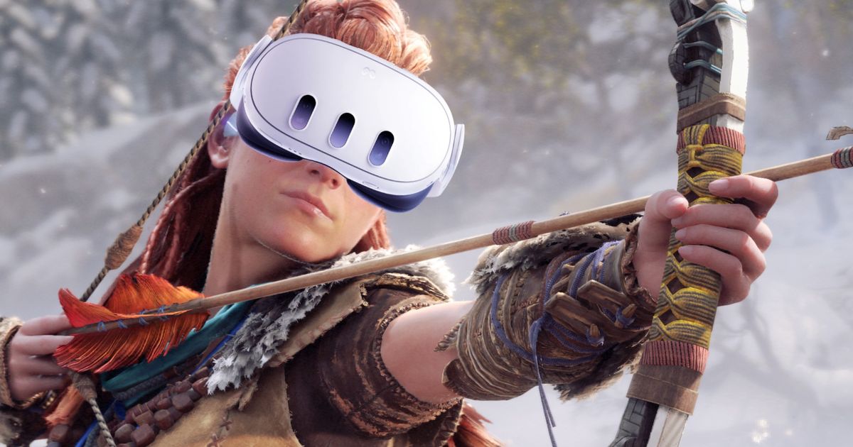 Aloy from Horizon Forbidden West aiming her bow while wearing a Quest 3 headset