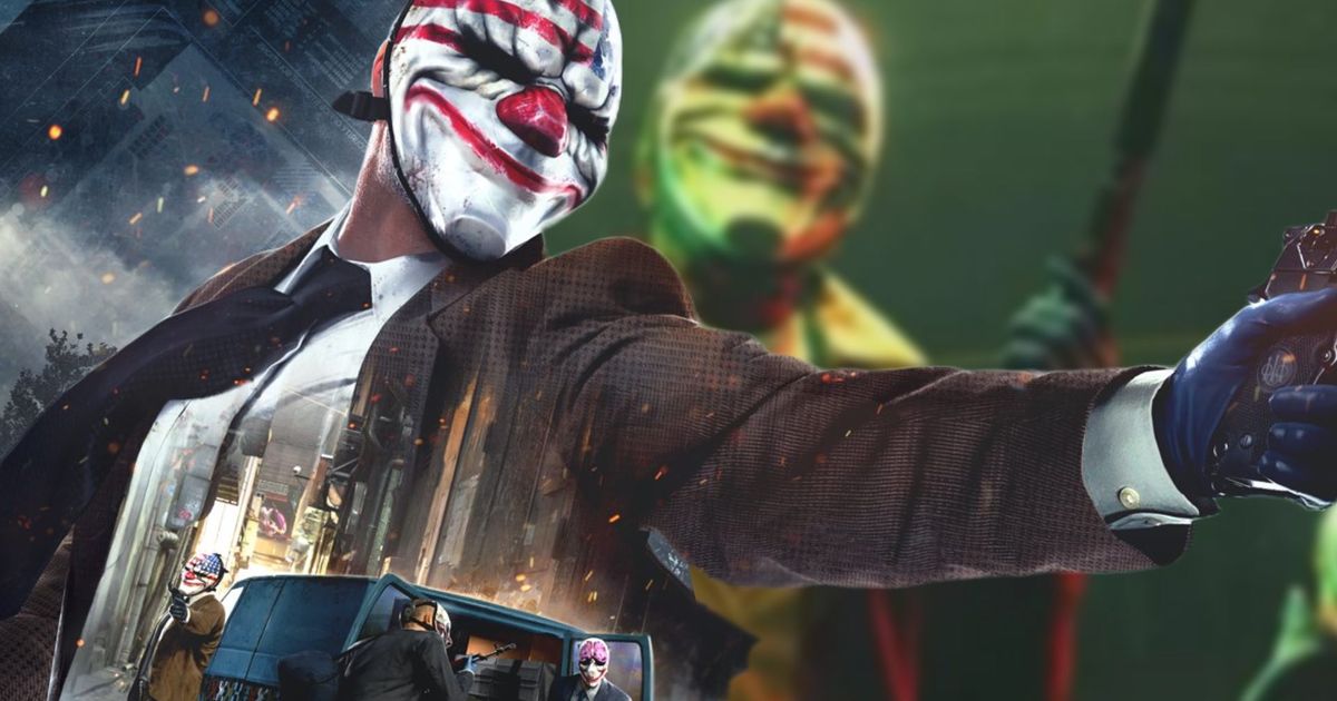 Payday 2 keyart stretching across Payday 3 keyart blurred in the background 