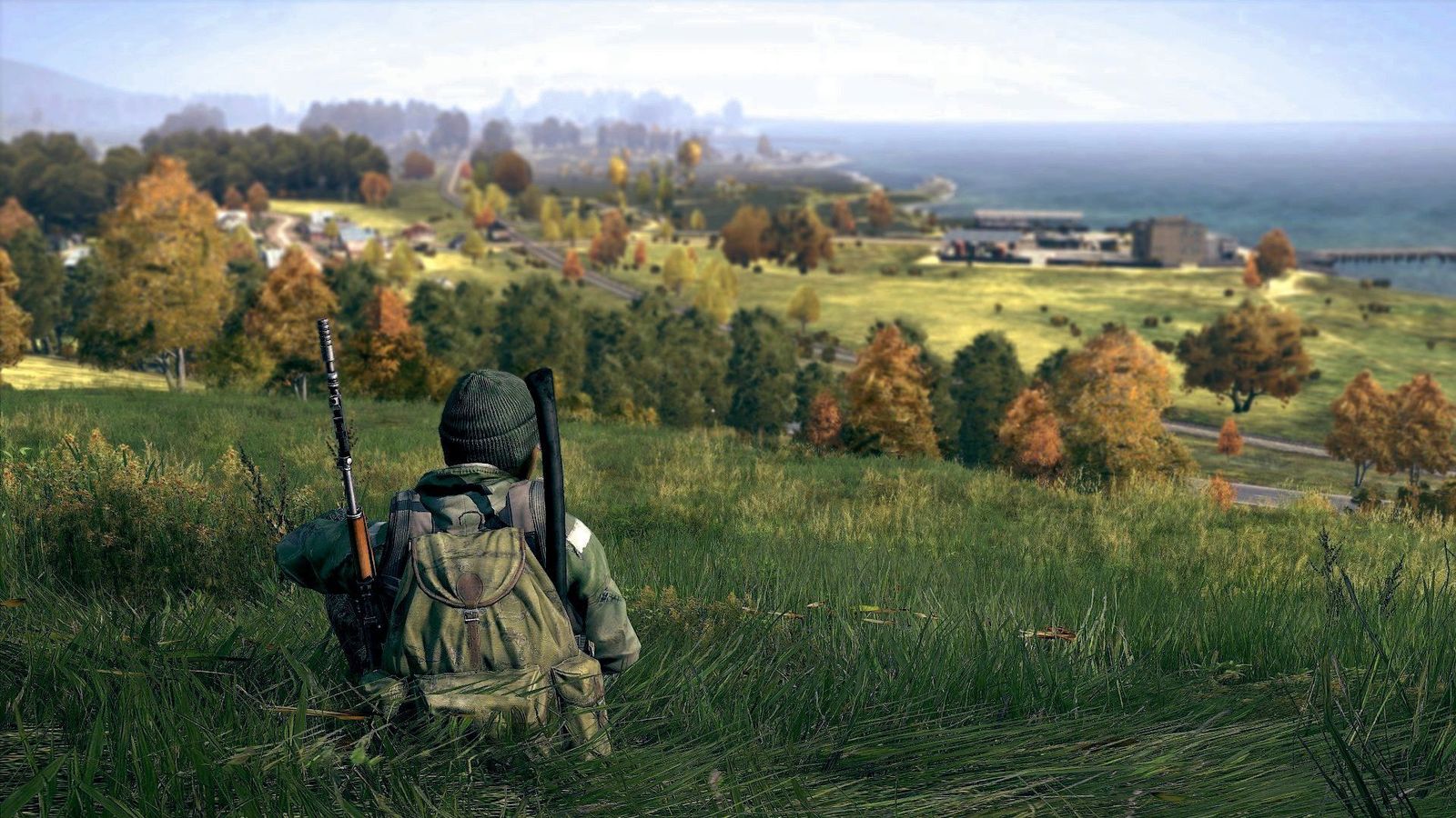 A DayZ character exploring a lush field