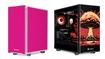 A Barbie pink PC to the left and an Oppenheimer-themed gaming PC to the right featuring a mushroom cloud on the front
