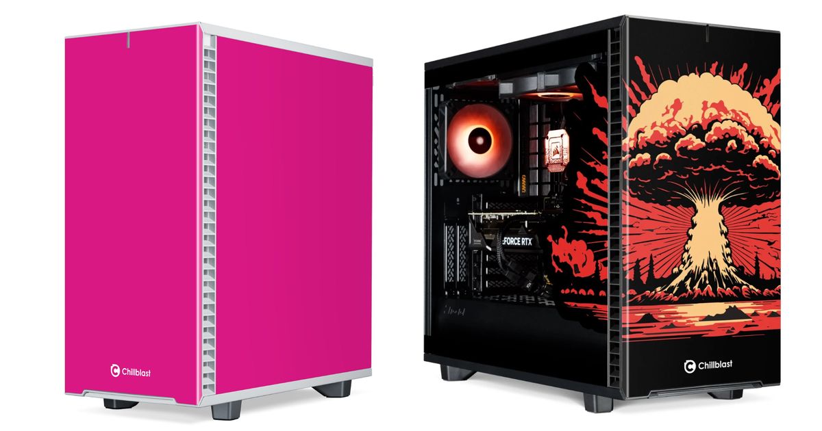A Barbie pink PC to the left and an Oppenheimer-themed gaming PC to the right featuring a mushroom cloud on the front