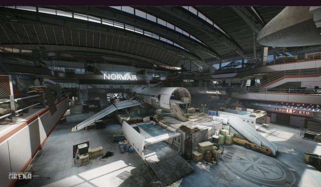 A screenshot from Escape from Tarkov showing an aircraft hangar.