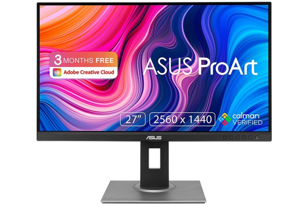 ASUS ProArt Display PA278QV product image of a black and dark grey monitor with a wavy pink, orange, purple, and blue pattern on the display.