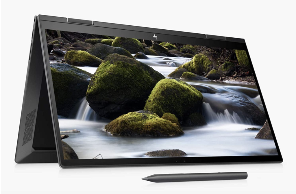 HP Envy x360 product image of a black foldable laptop with moss-covered rocks and running water on the display.