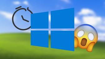 Windows 10 logo in front of the classic hill wallpaper, emoji and timer vector