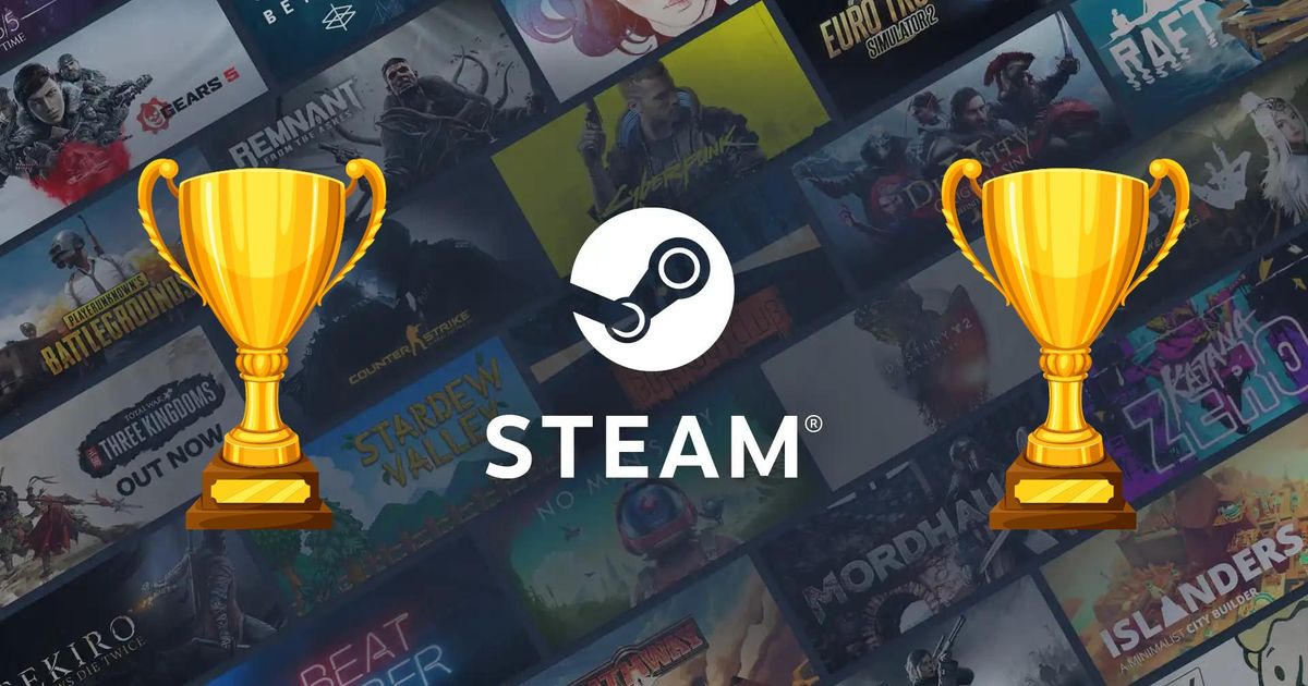 The Steam logo with two graphics of gold trophies on either side of it