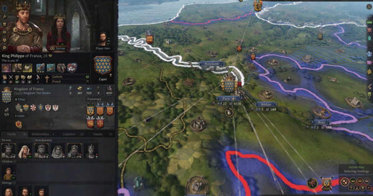 Crusader Kings 3 player looking at nearby settlement from above