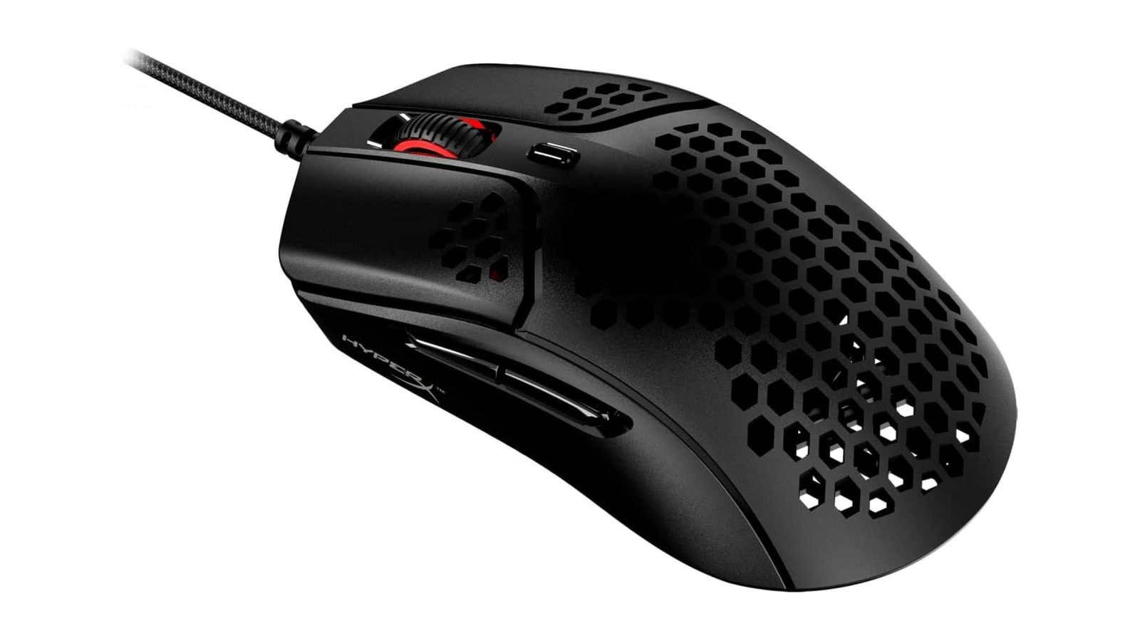 HyperX Pulsefire Haste product image of a black wired mouse featuring a honeycomb structure and a red detail around the scroll wheel.