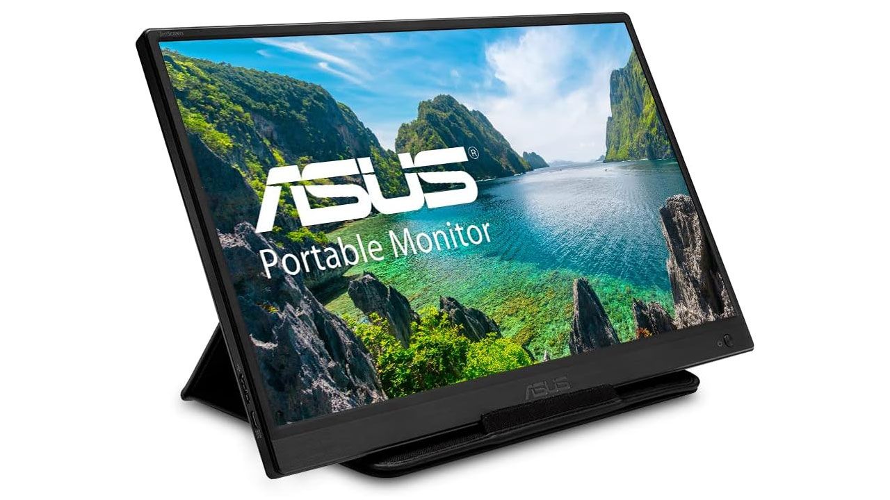 ASUS ZenScreen MB165B product image of a black foldable monitor with water and cliffs on the display.