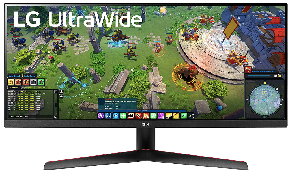 LG UltraWide Monitor 29WP60G-B product image of an ultrawide monitor with a video game on the display.