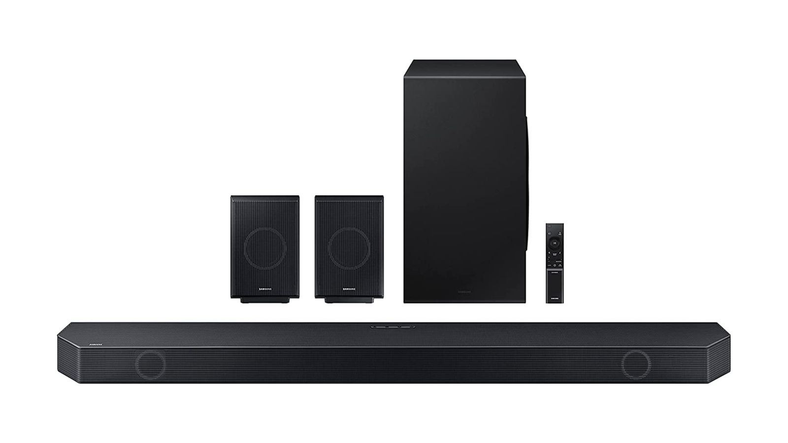 Samsung HW-Q990C product image of a long black soundbar in front of two black speakers, a remote, and a subwoofer.