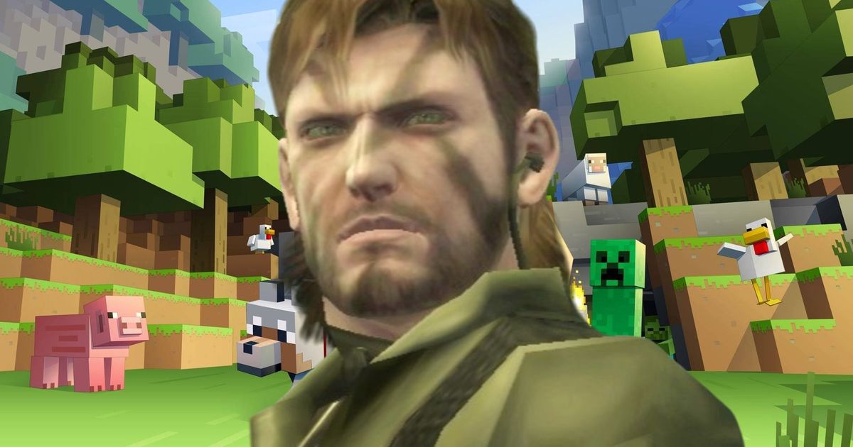 Naked Snake / Big Boss from Metal Gear Solid 3 in front of a Minecraft background