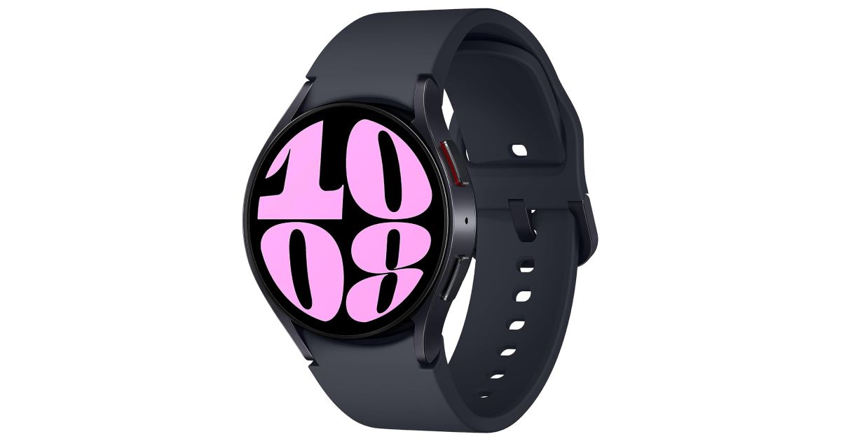 Samsung Galaxy Watch 6 product image of a black smartwatch with the time "10:08" in pink on the display.