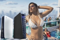 gta 6 bikini lady with black and white playstation 5 designs on top