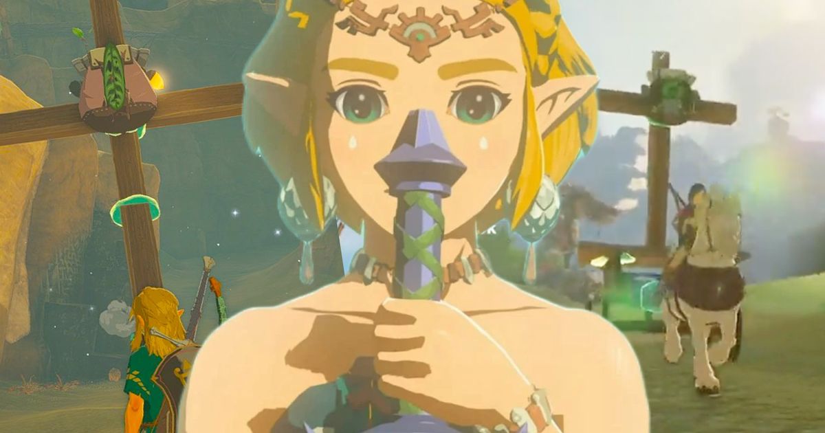 Zelda holding the master sword from tears of the kingdom while two Koroks get crucified behind her 
