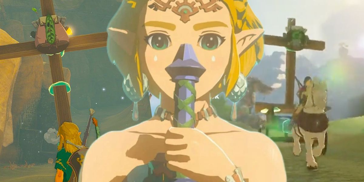 Zelda holding the master sword from tears of the kingdom while two Koroks get crucified behind her 