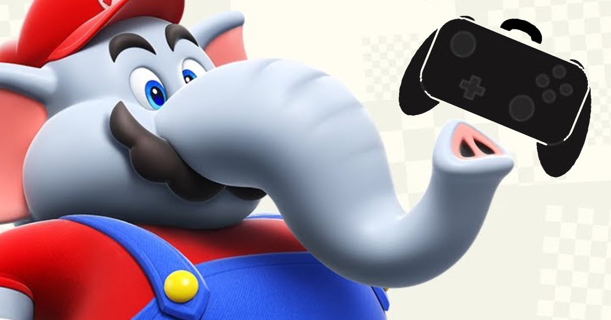 Elephant Mario from Super Mario Wonder next to the Nintendo Switch 2 Pro Controller 