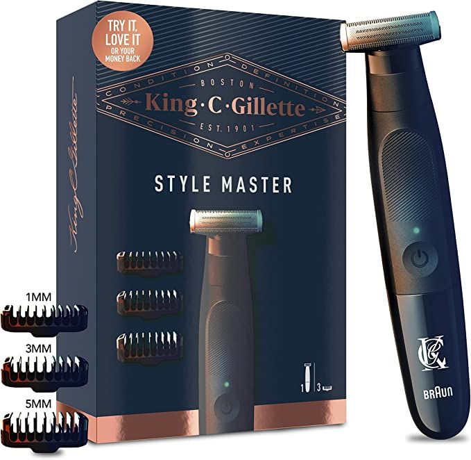 King C. Gillette Style Master product image of a navy and black razor next to its box.