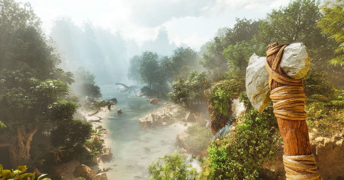 Ark: Survival Ascended image featuring a first-person POV of a hunter in a vast jungle