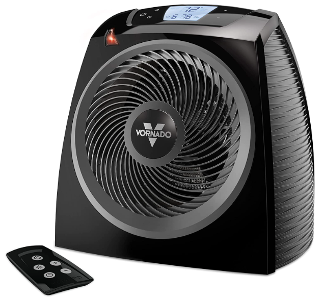 Vornado TAVH10 product image of a black and grey heater with a remote next to it.