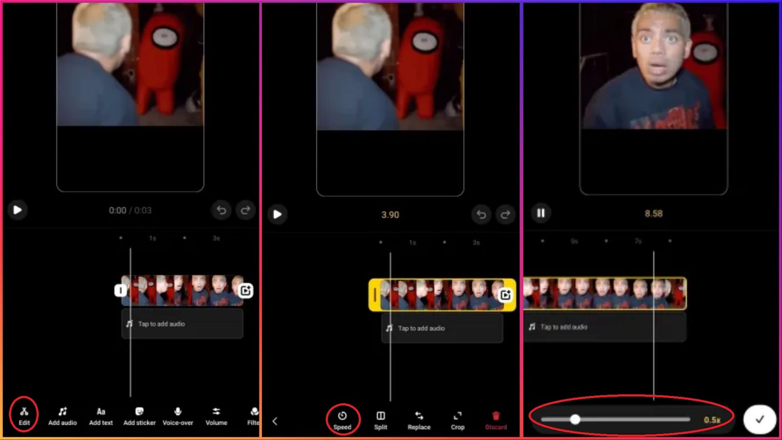 Screenshots of Instagram showing the process to speed up a video