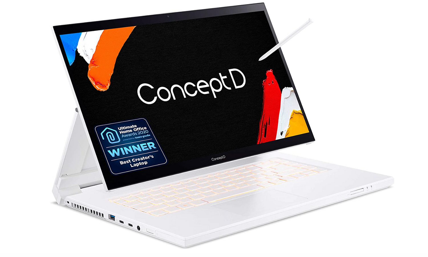 Acer ConceptD Ezel 7 product image of a folded white laptop with a stylus being used on the screen.
