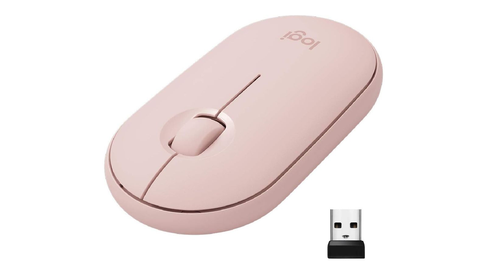 Logitech Pebble product image of a small pink wireless mouse next to a USB stick.