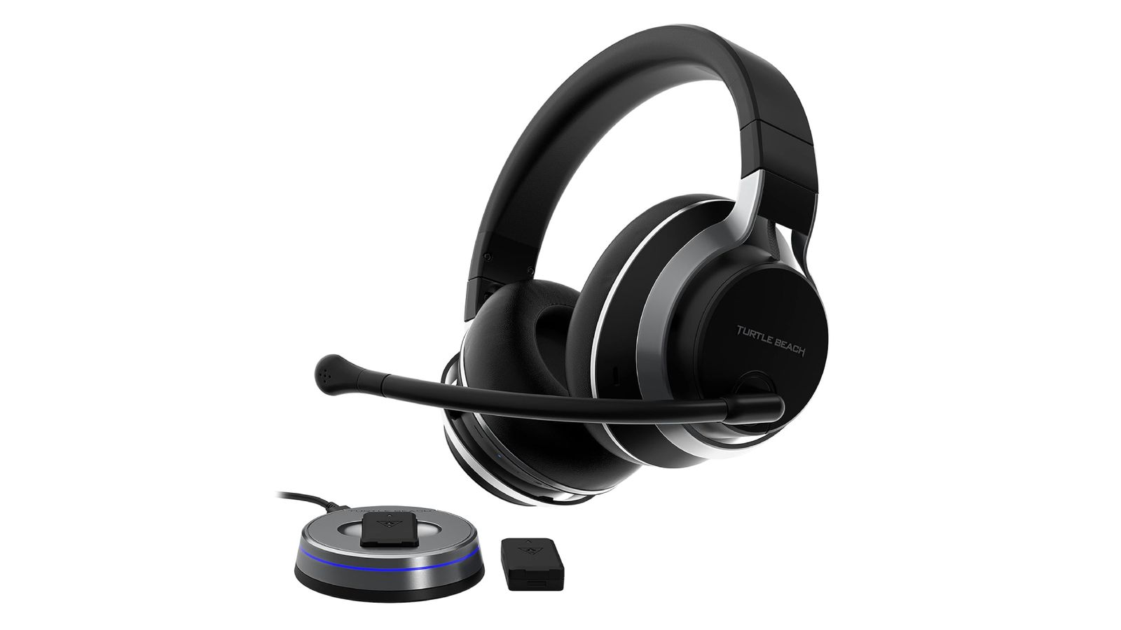Turtle Beach Stealth Pro product image of a black wireless headset with a mic that extends around the front.