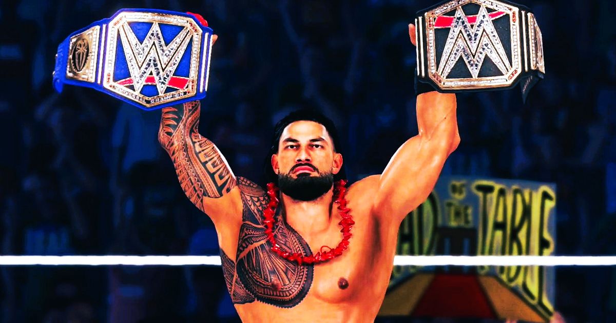 WWE 2k23 DLC Roster wrestler holding up belt