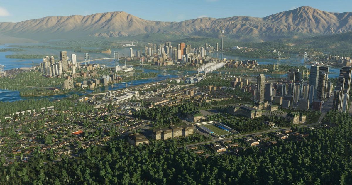 Cities Skylines 2 key art featuring a massive city filled with skyscrappers as background