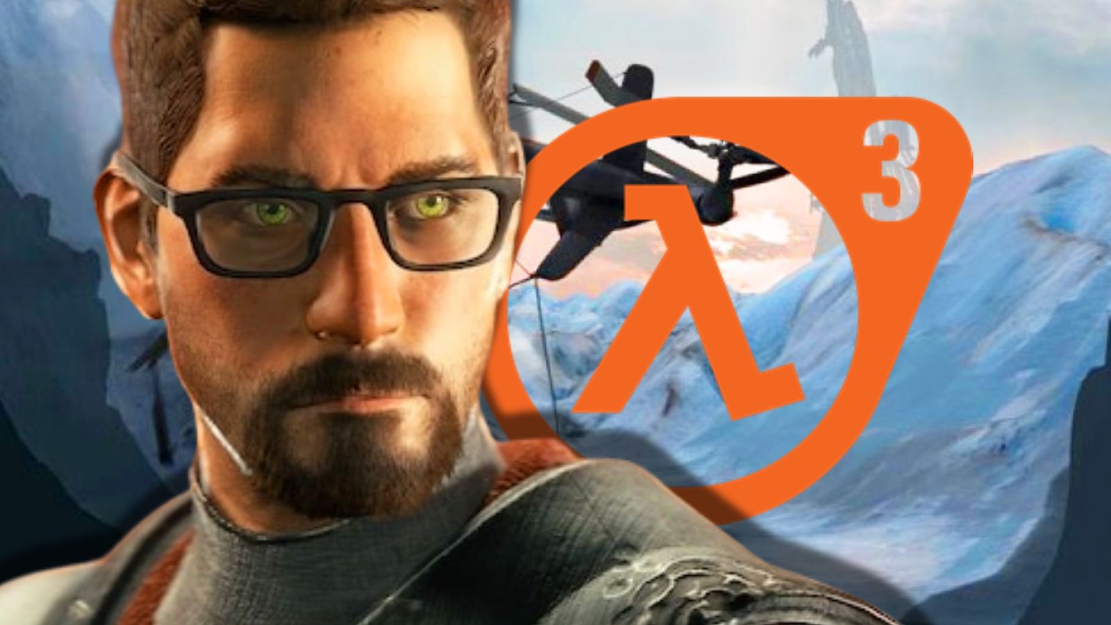 Gordon Freeman on Half-Life 3 frozen tundra concert art and a mock-up HL3 logo to the right 