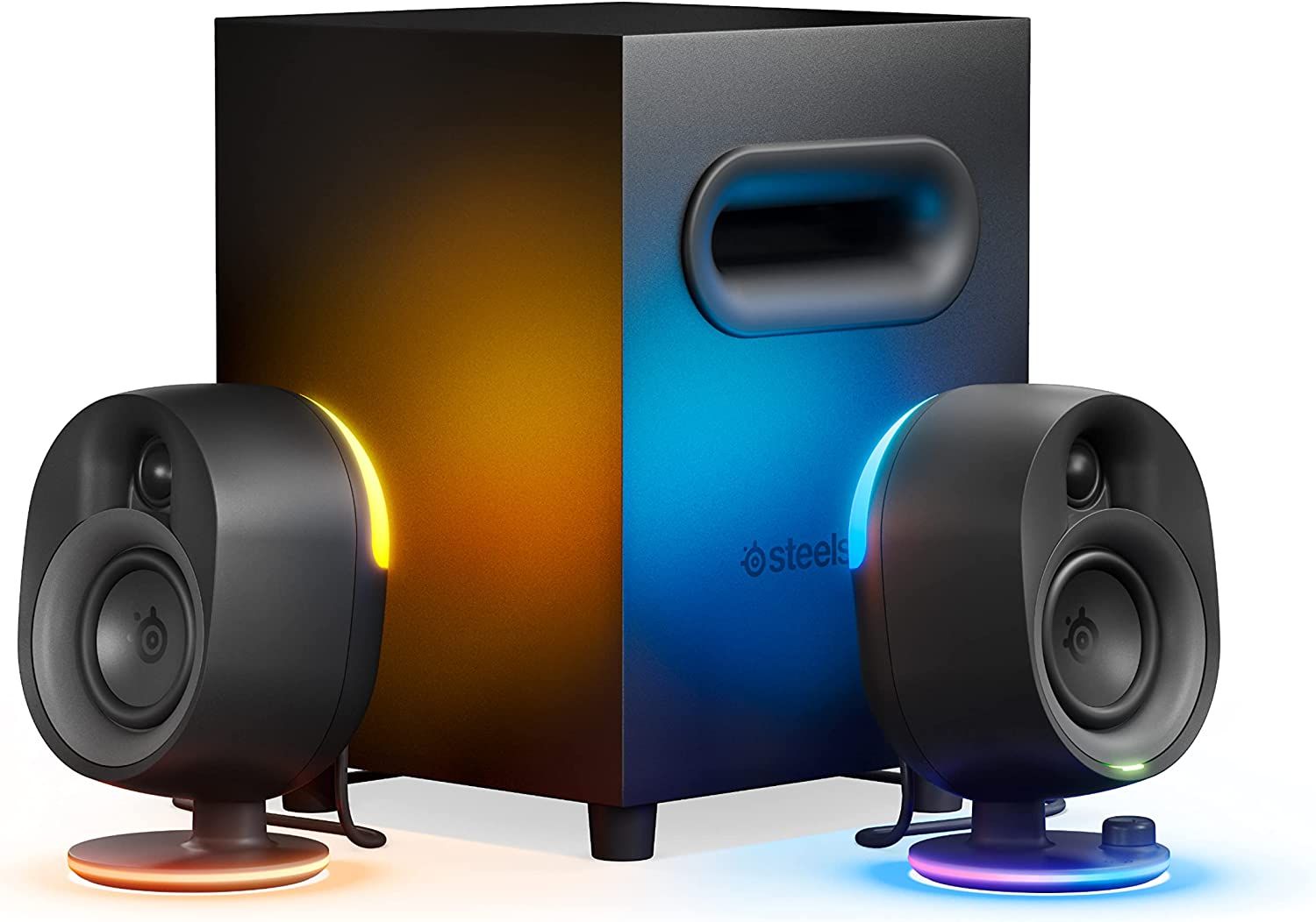 SteelSeries Arena 7 product image of two black speakers, one lit up in orange, the other in blue, beside a subwoofer.